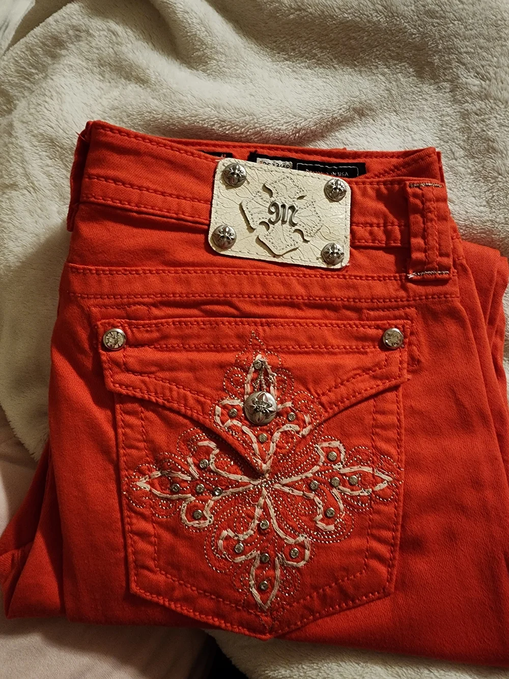 Miss Me Orange Embroidered Skinny Jeans with Rhinestone Detail